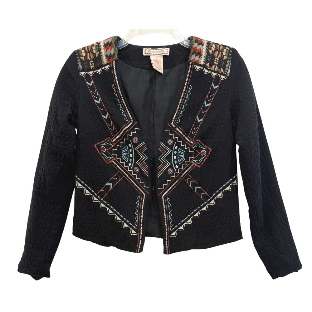 Flying Tomato Womens Black Embroidered Boho Southwestern Jacket Size Small